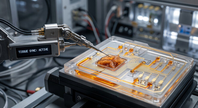 Automated robotic arm performing precise tissue synchronization on microfluidic biochip in futuristic laboratory.