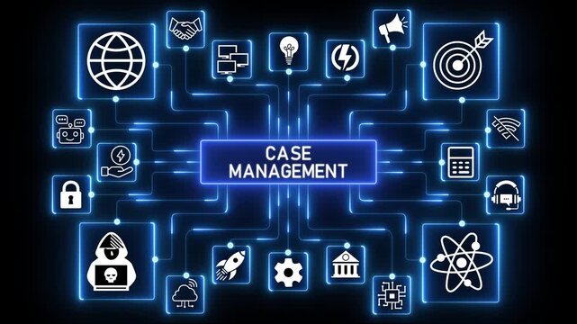 Case management workflow visualization with interconnected digital systems, structured process coordination.4k Animation.