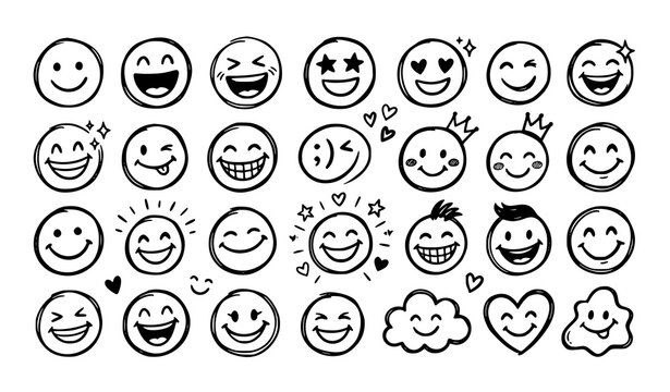 Hand drawn smile emotion doodle set with happy abstract funny face icons vector