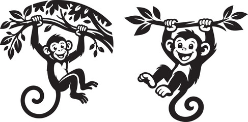 Playful monkey characters hanging on branches in black and white © samiul