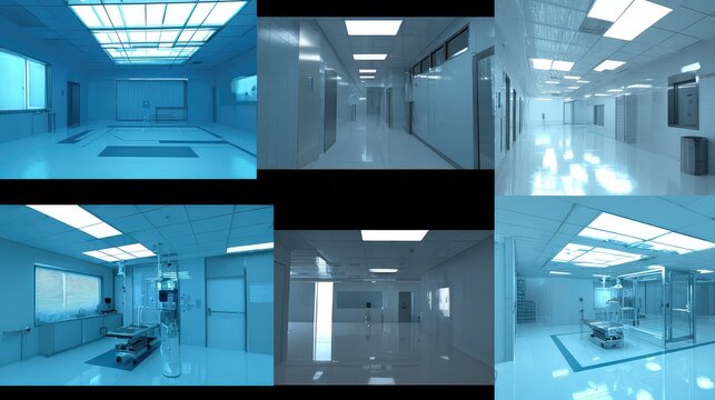 Futuristic cleanroom environment featuring bright blue lighting in medical lab facilities, creating a sterile and modern atmosphere for medical research and healthcare technology