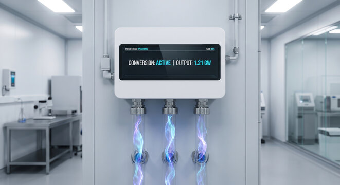 Industrial power conversion unit in clean room facility showing high energy output through glowing plasma tubes.