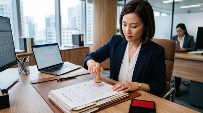 Asian woman in business suit stamping document at her desk in office with modern office glass walls business district