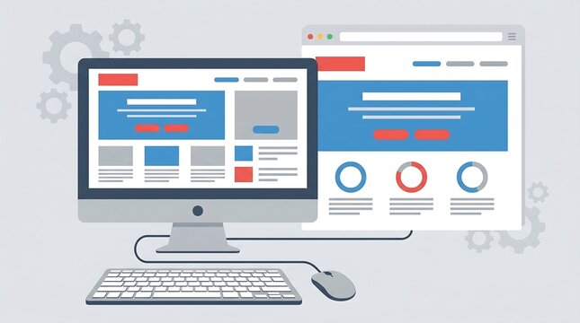 Desktop computer and web browser windows representing website development and internet browsing.