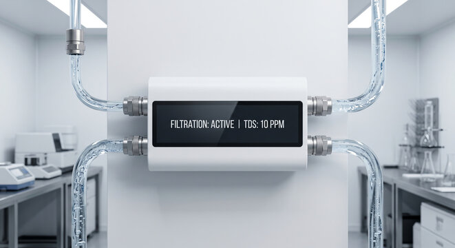 Modern liquid filtration unit mounted on white wall showing active status and low dissolved solids parts per million.