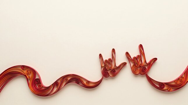 Paper Quilling Sign Language Communication and Inclusion Concept with Flowing Red Ribbon