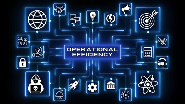 Operational efficiency network animation with connected technology icons, glowing data nodes and digital performance optimization workflow visualization on dark background.4k Animation.