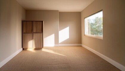 Fototapeta premium empty beige room and build in cabinet in square pillar with wooden handle and sunlight from window