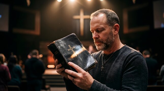 Close up of a preacher with eyes closed, holding an old Bible in a dark church. A radiant cross shines behind him, symbolizing Christian faith, hope, and spiritual devotion during a sermon