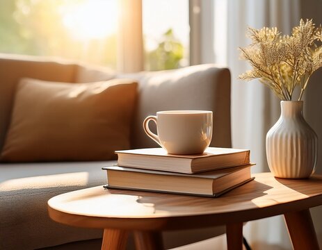 coffee cup with books and vase on wooden table and chair with sunlight through window in living room