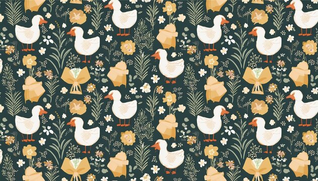 floral trellis coquette seamless pattern with bows flowers goose and chicken preppy spring summer print cottagecore aesthetic cute background design for fabric wrapping paper