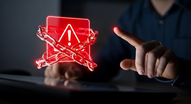 Hand pointing at glowing red warning sign wrapped in heavy metal chains