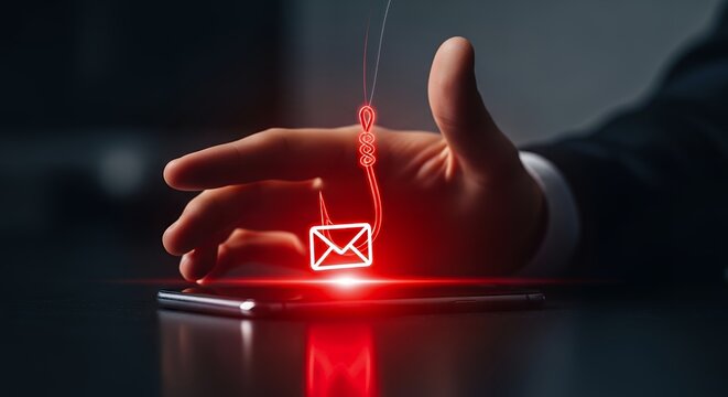 Hand over smartphone showing red glowing fishing hook trapping mail