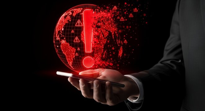 Hand holding smartphone with exploding red digital earth and alerts