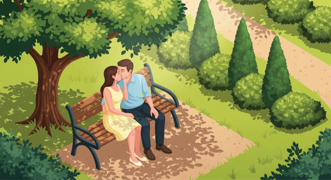 Romantic couple kissing on park bench, green garden scenery, vector illustration, love scene