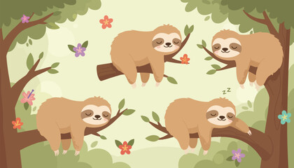 Fototapeta premium Cute Sloth Sleeping on Tree Branch Illustration Vector