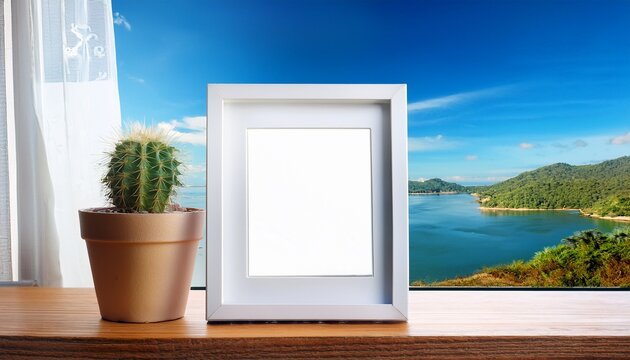 white photo frame an cactus pot on wooden table and river sea view through glass window at home cafe
