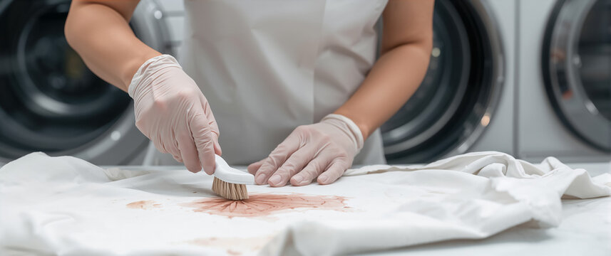 Women's gloved hands brushing a dirty stain on clothes at a dry cleaner's