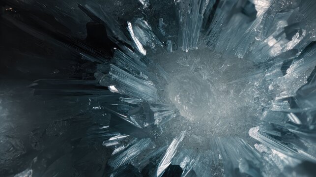 Exploding radial burst of sharp ice crystals and frozen shards forming an intricate, cool toned abstract texture and geometric pattern for background or design use