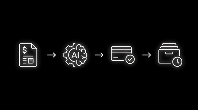 Automated financial workflow process flowchart featuring glowing white line icons representing invoice processing artificial intelligence payment and digital archiving