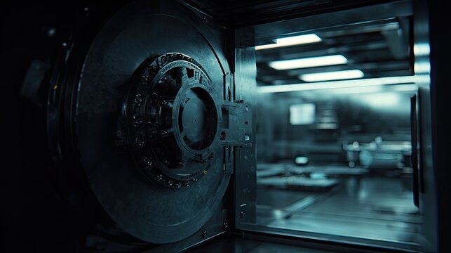 Heavy metal vault door slowly swinging open, revealing a glimpse of the secure inner chamber with rows of safe deposit boxes and bright overhead lighting