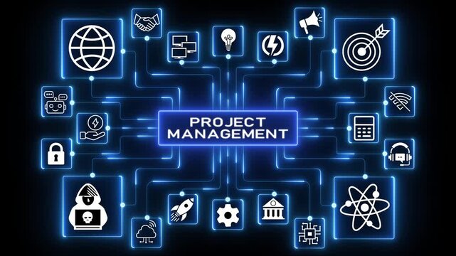 Project management workflow visualization illustrating connected digital tools, task coordination and execution flow across an integrated technology network.4k Animation.