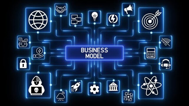 Business model network animation with connected technology icons, glowing data nodes and digital strategy framework workflow visualization on dark background.4k Animation.