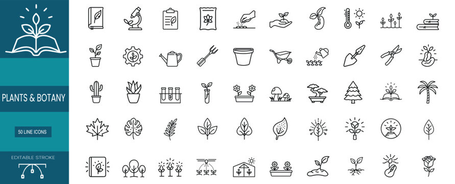 Plants and botany web line icons set book with leaf microscope research seedling in hand watering can pot laboratory test tube & more vector illustration with editable stroke