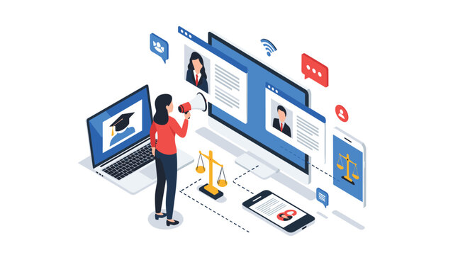 Isometric concept of online recruitment and human resources management with digital profiles shown on computer screens and mobile phones.
