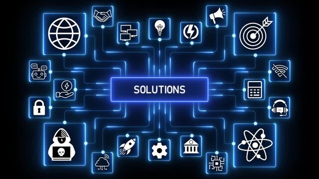 Solutions concept network animation with connected technology icons, glowing data nodes and digital problem solving workflow visualization on dark background.4k Animation.