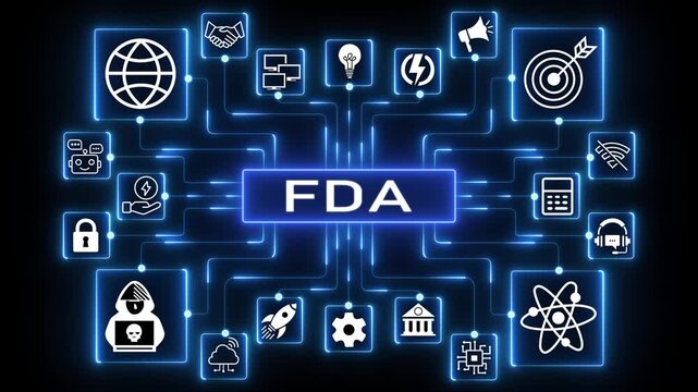 FDA acronym network animation with connected technology icons, glowing data nodes and regulated digital system workflow visualization on dark background.4k Animation.