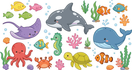 Cute underwater sea animals collection with dolphin whale turtle octopus fish, cartoon marine vector illustration isolated set © Sabina