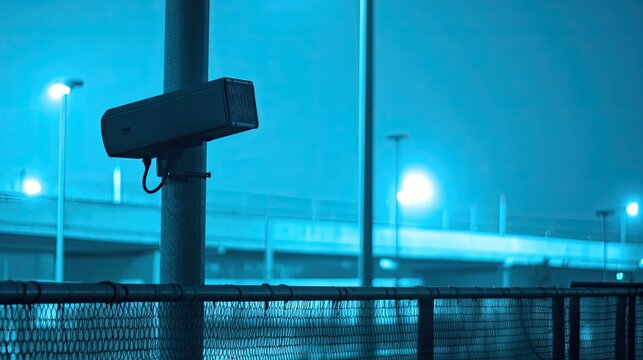 Security camera mounted on a pole watches an empty urban street at night, chain link fence and blue tinted streetlights evoke surveillance, safety, and modern infrastructure