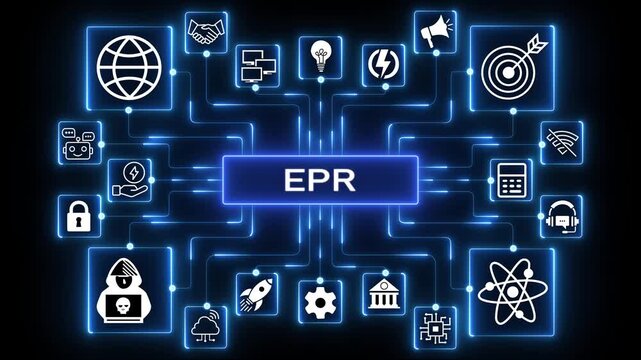 EPR system network animation with connected technology icons, glowing data nodes and enterprise digital workflow visualization on dark background.4K video.