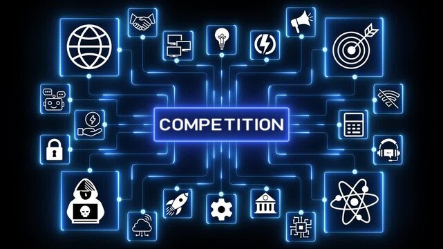 Competition concept network animation with connected technology icons, glowing data nodes and digital strategy workflow visualization on dark background.4K video.