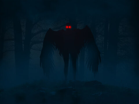 The Mothman entity standing in the fog