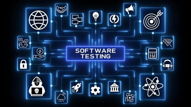 Connected technology network animation with digital icons and glowing nodes, abstract software quality assurance and system testing workflow concept on dark background.4k Animation.