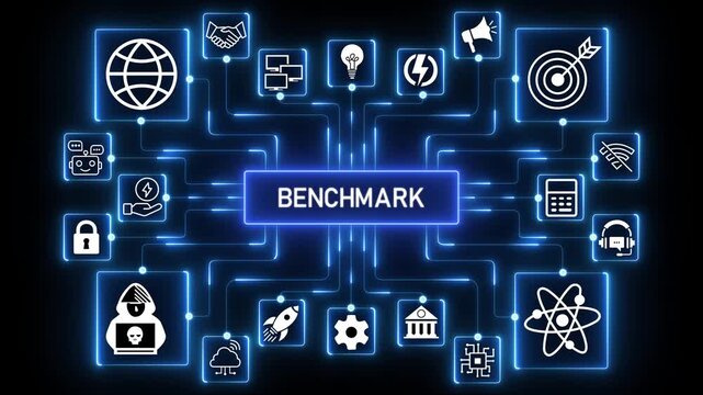 Digital benchmark performance network animation with connected technology icons and glowing nodes, abstract system evaluation and data analysis workflow on dark background.4k Animation.