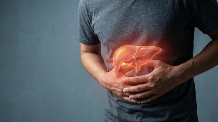 Person experiencing liver pain or disease, with a glowing illustration of the liver superimposed on their abdomen.