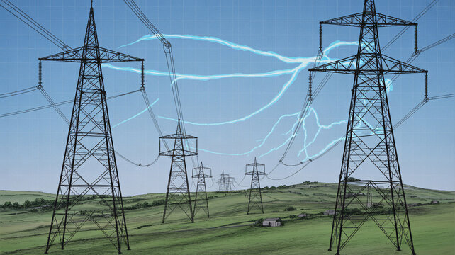 Electric power transmission towers with lightning bolts in a green landscape under a blue sky
