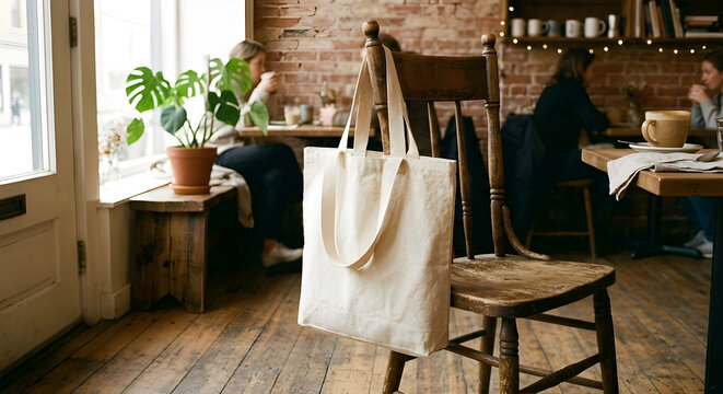 Blank canvas tote bag mockup on wooden chair in cafe