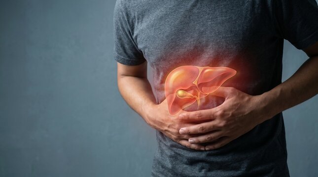 Person experiencing liver pain or disease, with a glowing illustration of the liver superimposed on their abdomen.