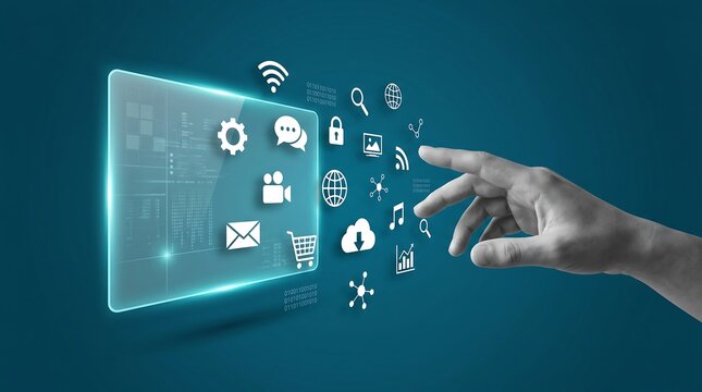 Futuristic transparent tablet displaying interactive multimedia icons for advanced communication and business workflow.