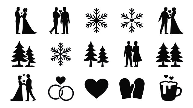 Set of 15 Black Winter Wedding and Christmas Silhouette Icons