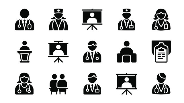 Set of 15 Black Medical Conference and Doctor Icons Vector