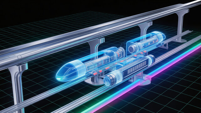 Futuristic transportation system with sleek silver rail and glowing blue tubes on a black grid background with neon lights