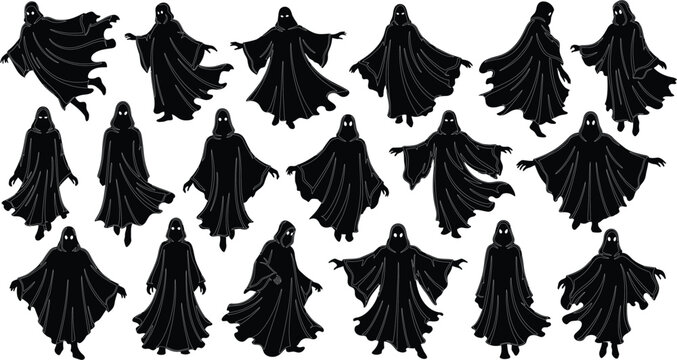 black silhouettes of ghostly figures in various poses on white background