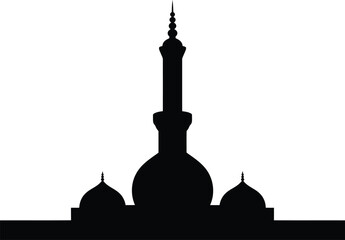 Single tall minaret mosque silhouette with domes black and white middle east silhouette architecture religious building cultural spirituality template tradition historical structure © MstAsmaAkter