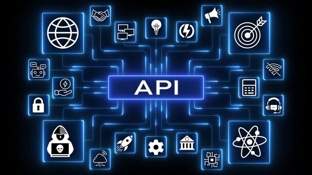 API integration network animation with connected technology icons and glowing data nodes, abstract system communication and digital infrastructure workflow on dark background