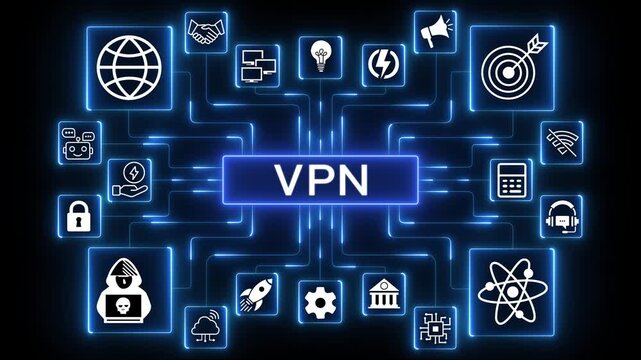 VPN concept infographic with central text and surrounding icons connected by glowing blue lines security optimized for secure network and data protection visualization.4k Animation.